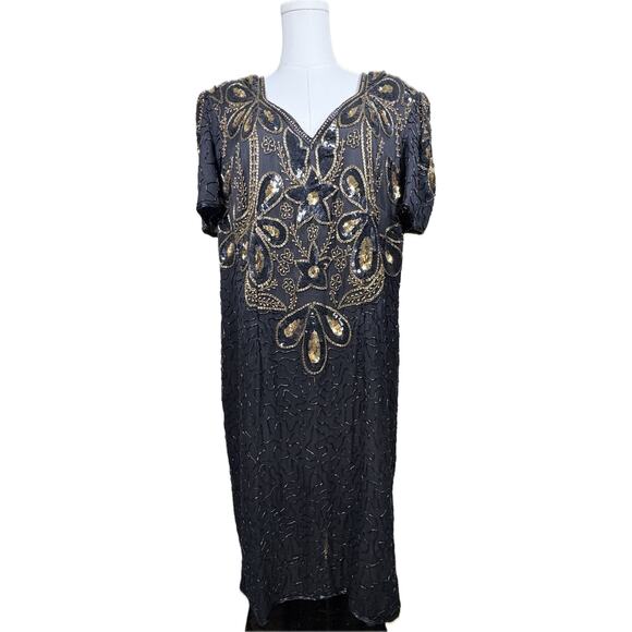 Special Occasions Dresses & Skirts - Vintage Black & Gold Sequined Beaded Short Sleeve Cocktail Party Dress Size 2X